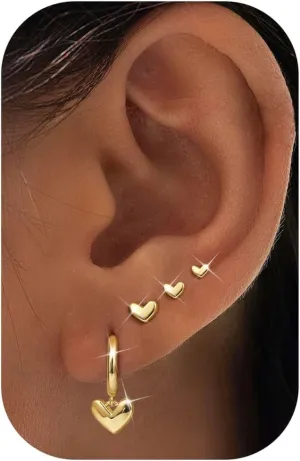 Florideco 4 Pairs 14K Gold Plated Hoop Earrings for Women, Hypoallergenic 925 Sterling Silver Earrings Set, Gold Hoop Charm Huggie Leaf Rhombus Heart Earrings for Women Trendy, Tiny Earring Stacks for Cartilage