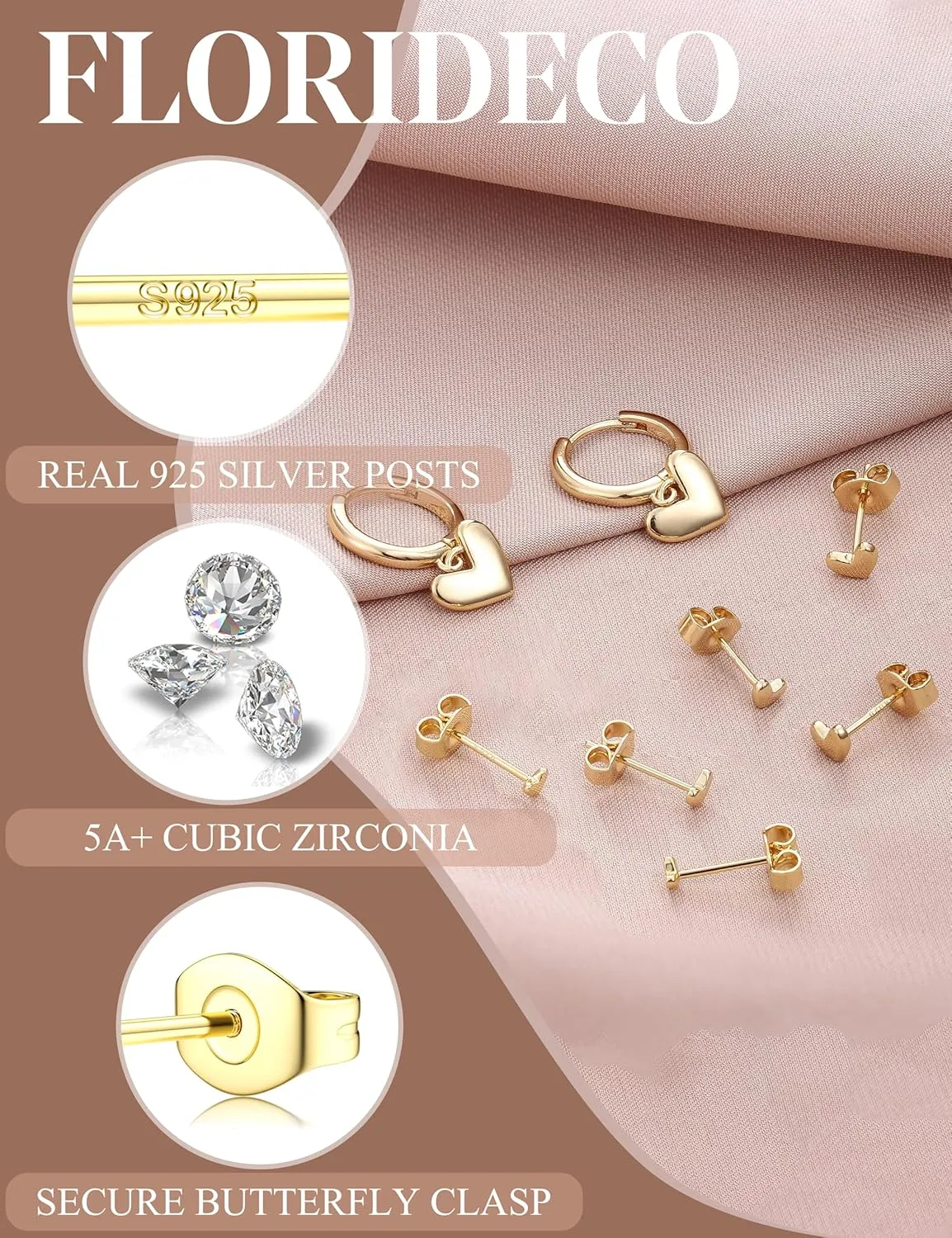 Florideco 4 Pairs 14K Gold Plated Hoop Earrings for Women, Hypoallergenic 925 Sterling Silver Earrings Set, Gold Hoop Charm Huggie Leaf Rhombus Heart Earrings for Women Trendy, Tiny Earring Stacks for Cartilage