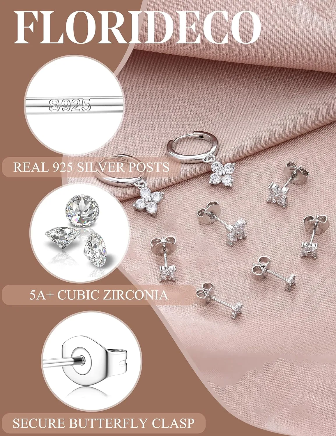 Florideco 4 Pairs 14K Gold Plated Hoop Earrings for Women, Hypoallergenic 925 Sterling Silver Earrings Set, Gold Hoop Charm Huggie Leaf Rhombus Heart Earrings for Women Trendy, Tiny Earring Stacks for Cartilage