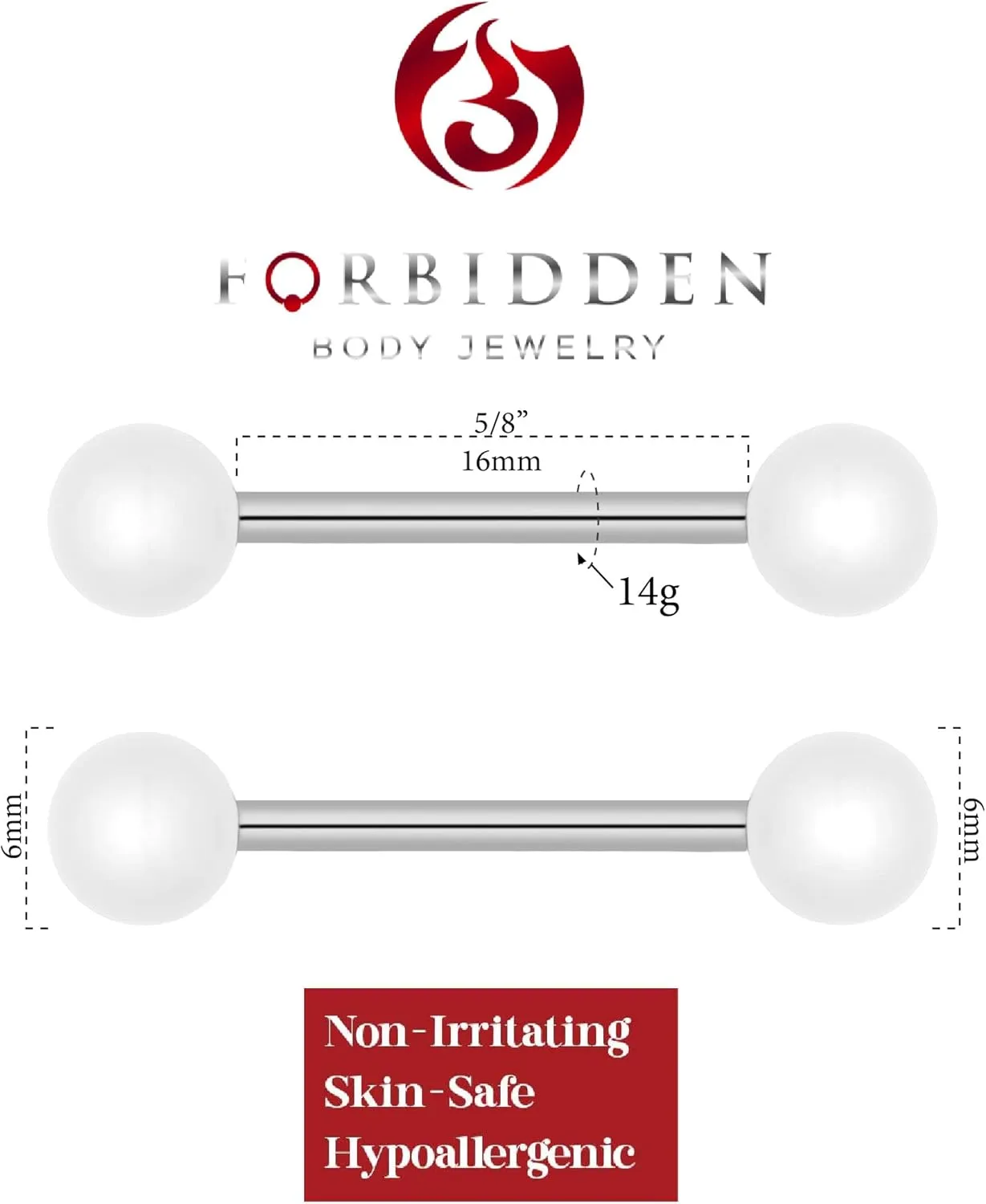 Forbidden Body Jewelry 14g 16mm (5/8 Inch) Hypoallergenic Titanium Double Ball Nipple & Tongue Ring Barbells