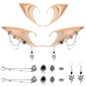 FRESHME Elf Cosplay Ears with Fairy Earrings Set - Soft-Pointed Elf Ears and Silver Dangle Angel Earrings Vintage Ear Cuffs for Women Anime Party Christmas Renaissance Halloween Custome Accessories