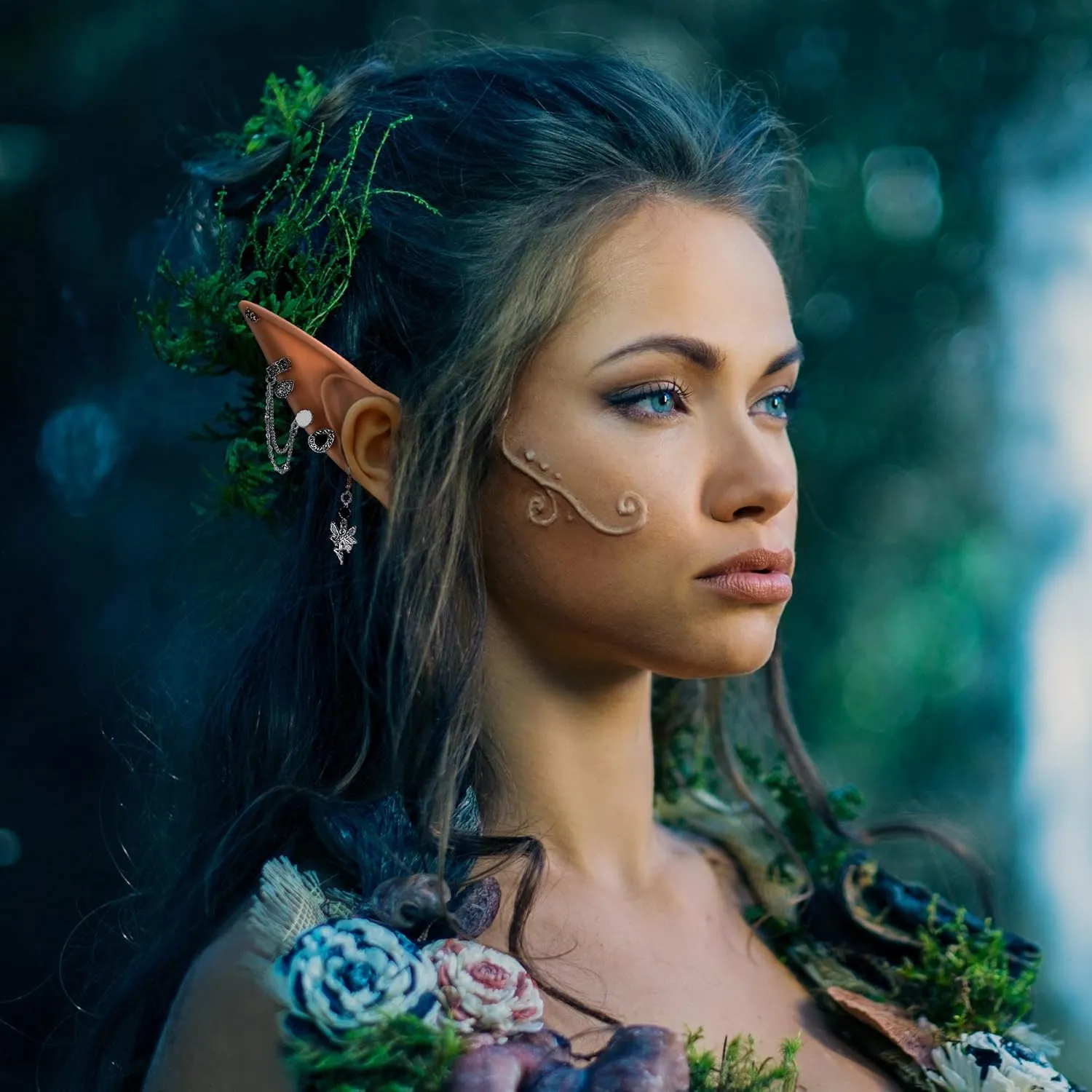 FRESHME Elf Cosplay Ears with Fairy Earrings Set - Soft-Pointed Elf Ears and Silver Dangle Angel Earrings Vintage Ear Cuffs for Women Anime Party Christmas Renaissance Halloween Custome Accessories