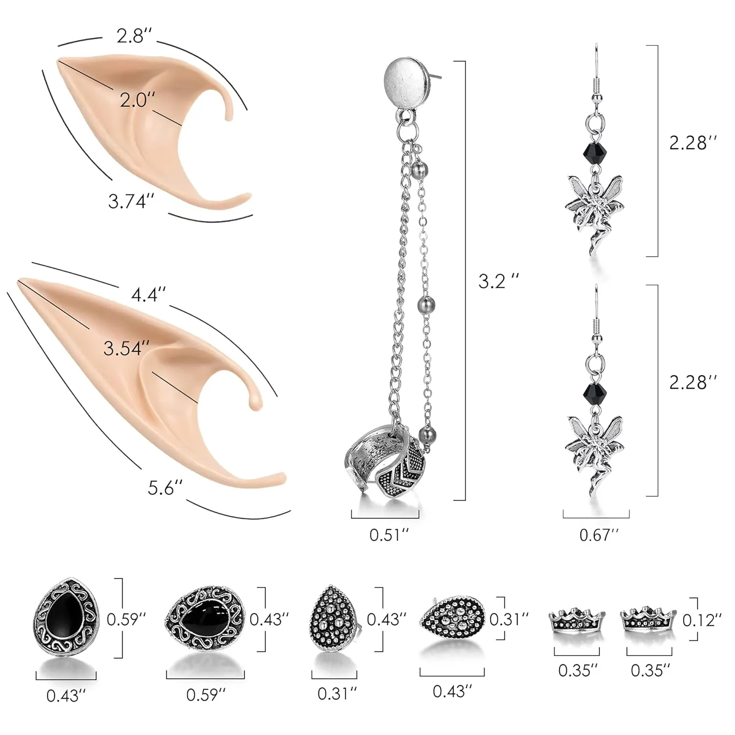 FRESHME Elf Cosplay Ears with Fairy Earrings Set - Soft-Pointed Elf Ears and Silver Dangle Angel Earrings Vintage Ear Cuffs for Women Anime Party Christmas Renaissance Halloween Custome Accessories