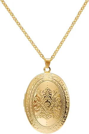 Fuqimanman2020 Vintage Engraved Flower Locket Picture Pendant Necklace Oval Heart Locket Hold Photo Picture Pendant Necklace Memory Jewelry