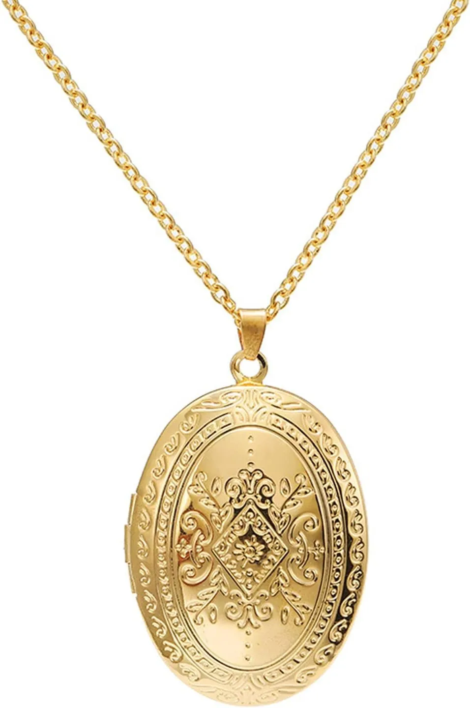 Fuqimanman2020 Vintage Engraved Flower Locket Picture Pendant Necklace Oval Heart Locket Hold Photo Picture Pendant Necklace Memory Jewelry