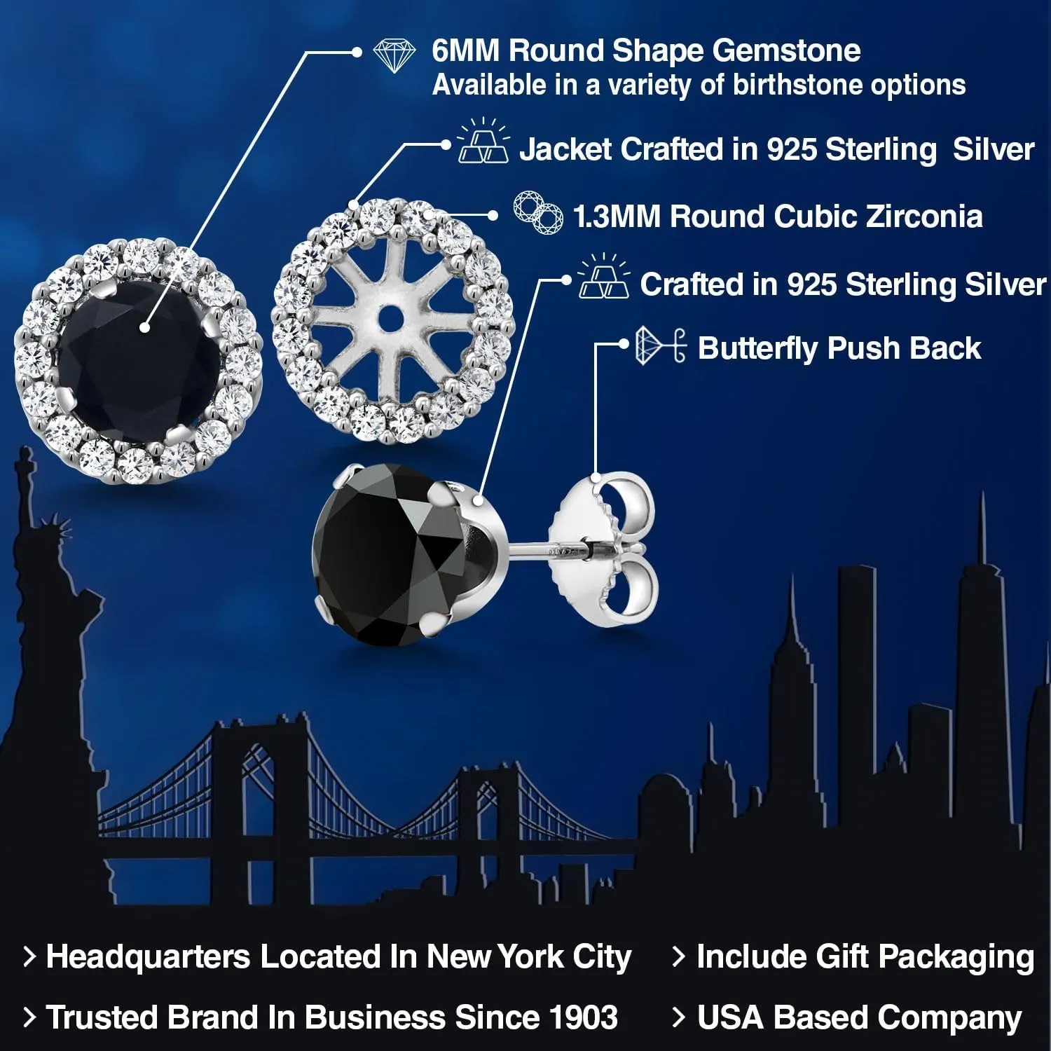 Gem Stone King 6MM Round Gemstone Birthstone Removable Jacket Stud Halo Earrings For Women | 925 Sterling Silver | Fine Jewelry Gifts for Her Mom Women Wife