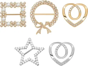 Giantree 5pcs Scarf Ring Clips, T-shirt Tie Clips for Women Silk Scarf Ring Clip Fashion Metal Ring Scarves Clasp Waist Buckles Rhinestone Pearl Tshirt Clips for Shirts Clothing Scarf Ring Wrap Holder