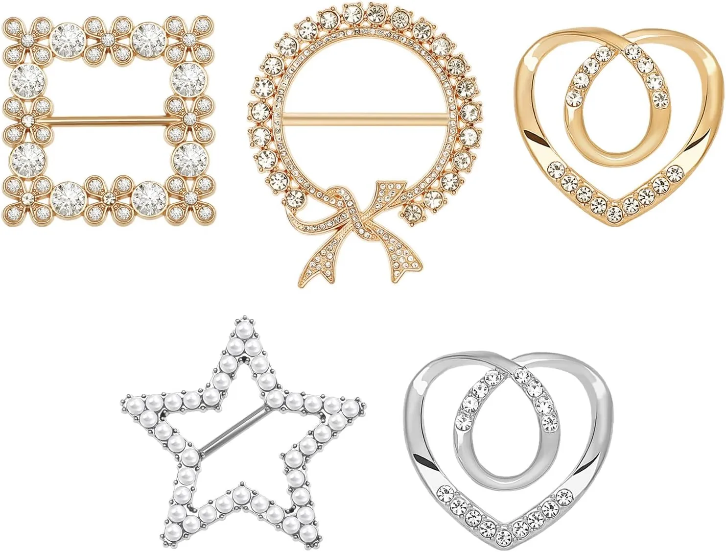 Giantree 5pcs Scarf Ring Clips, T-shirt Tie Clips for Women Silk Scarf Ring Clip Fashion Metal Ring Scarves Clasp Waist Buckles Rhinestone Pearl Tshirt Clips for Shirts Clothing Scarf Ring Wrap Holder