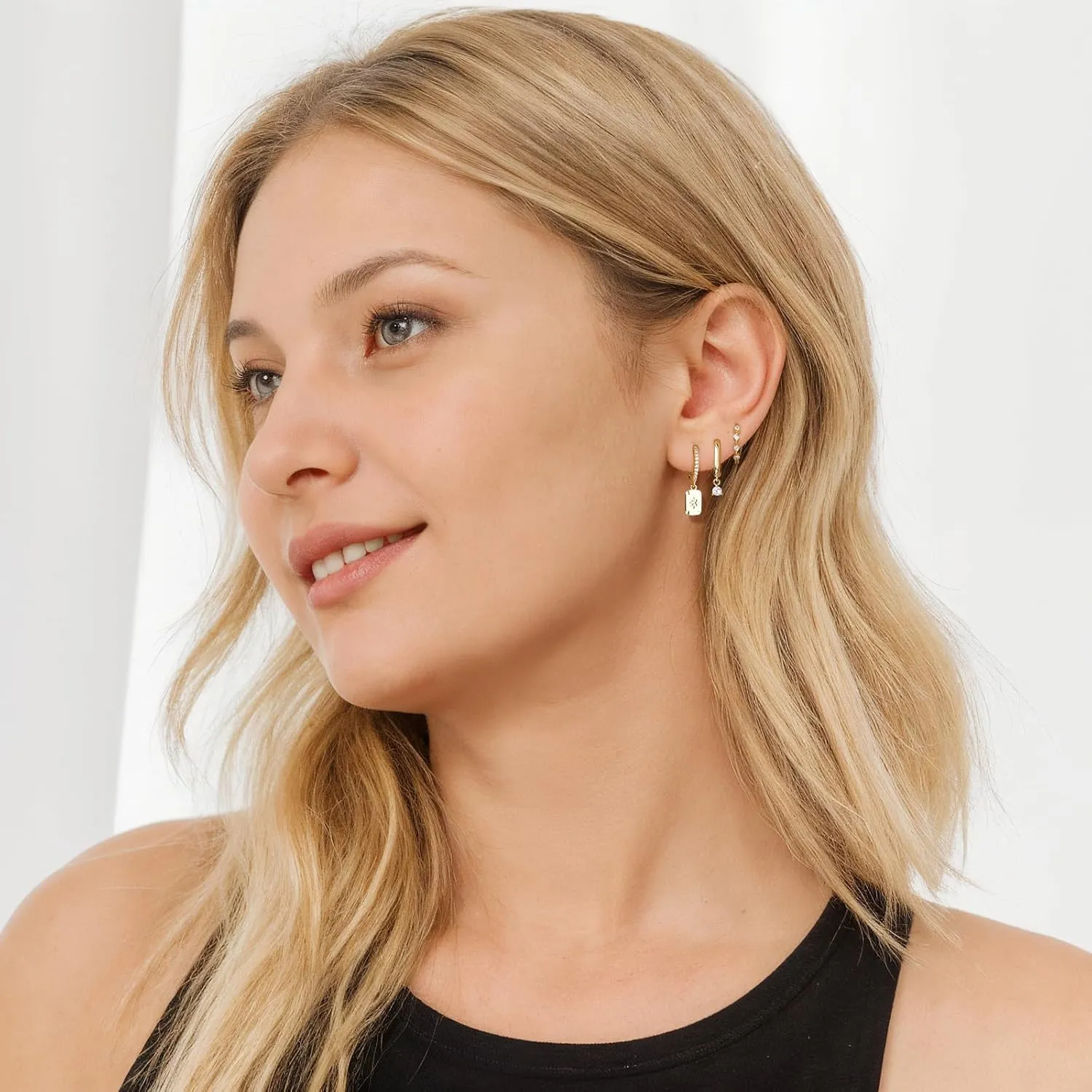 Gold Dangle Earrings Set For Women,14k Gold Plated Square Hoop Earrings Stack,Trendy Earring Sets For Multiple Piercing,Dainty Non Tarnish Star Stackable Earring Jewelry For Sensitive Ears