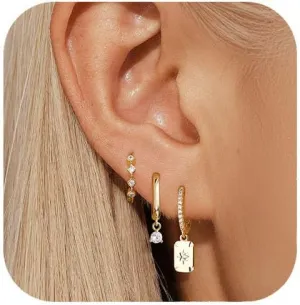Gold Dangle Earrings Set For Women,14k Gold Plated Square Hoop Earrings Stack,Trendy Earring Sets For Multiple Piercing,Dainty Non Tarnish Star Stackable Earring Jewelry For Sensitive Ears