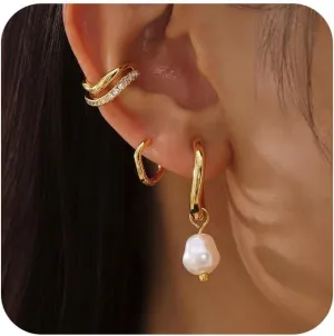 Gold Hoop Earrings Set for Women Trendy, 14K Gold Plated Hoops Huggie Earrings Dainty Cartilage Dangle Studs Cubic Zirconia Hypoallergenic Lightweight Jewelry Gifts