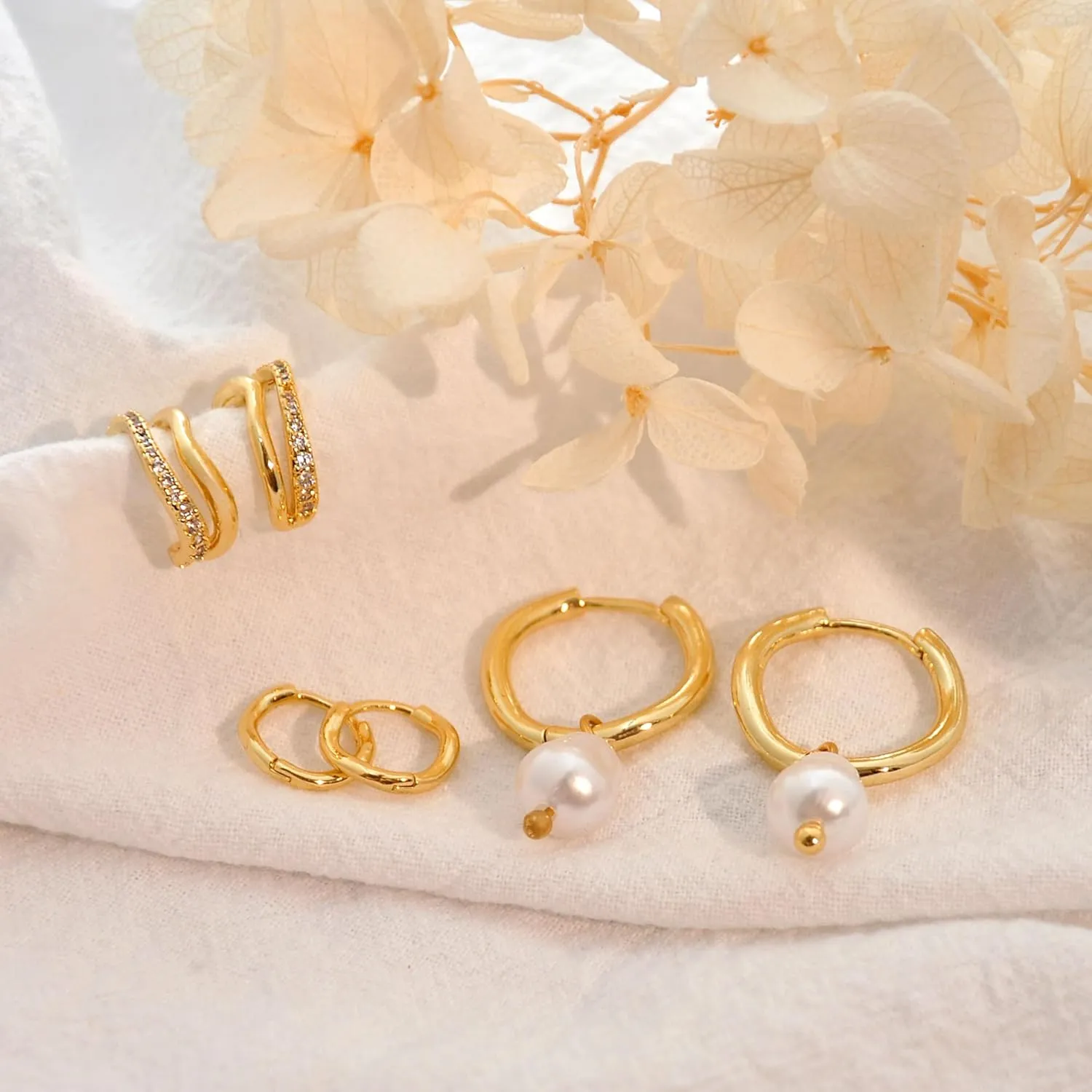Gold Hoop Earrings Set for Women Trendy, 14K Gold Plated Hoops Huggie Earrings Dainty Cartilage Dangle Studs Cubic Zirconia Hypoallergenic Lightweight Jewelry Gifts