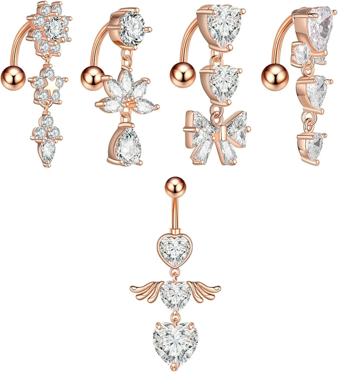 Gualiy 5 Pcs Surgical Stainless Steel Belly Button Rings Bowknot Heart Teardrop Cubic Zirconia Piercing Belly Button Rings