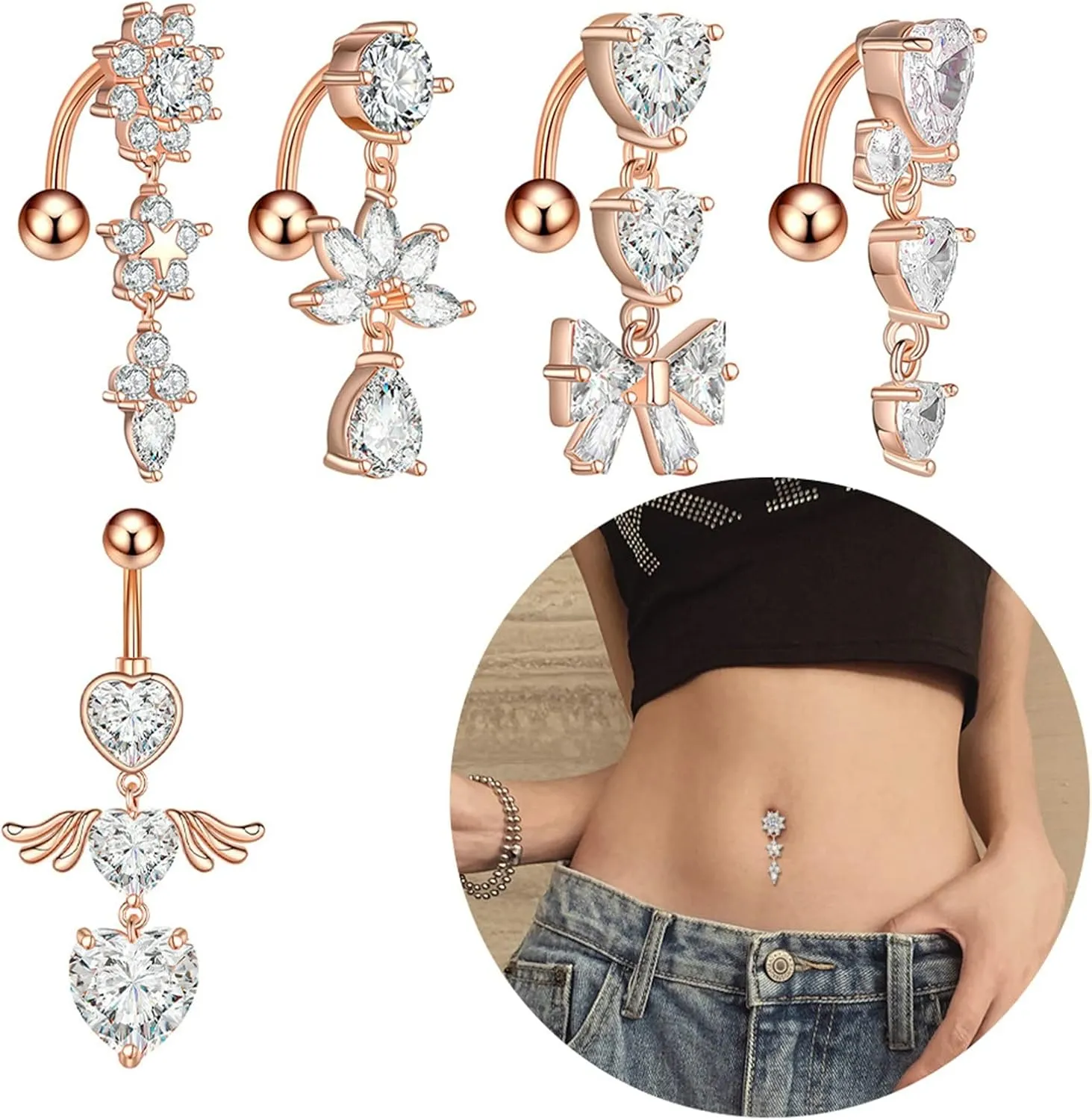 Gualiy 5 Pcs Surgical Stainless Steel Belly Button Rings Bowknot Heart Teardrop Cubic Zirconia Piercing Belly Button Rings