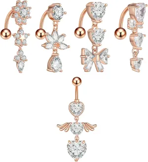 Gualiy 5 Pcs Surgical Stainless Steel Belly Button Rings Bowknot Heart Teardrop Cubic Zirconia Piercing Belly Button Rings