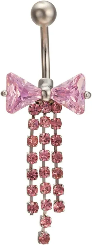 Gualiy Belly Button Rings Stainless Steel Dangle Bowknot with Cubic Zirconia Belly Rings For Women