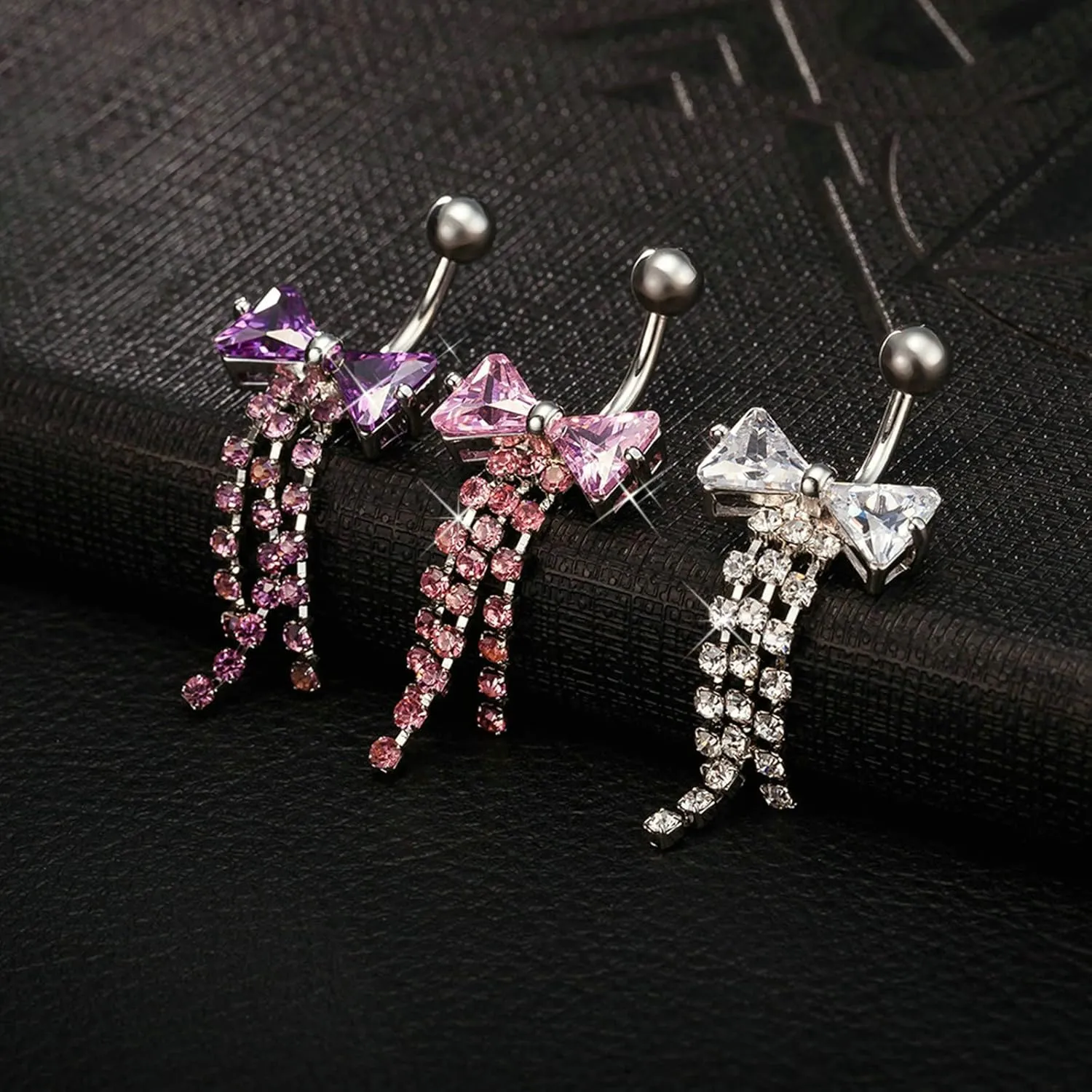 Gualiy Belly Button Rings Stainless Steel Dangle Bowknot with Cubic Zirconia Belly Rings For Women