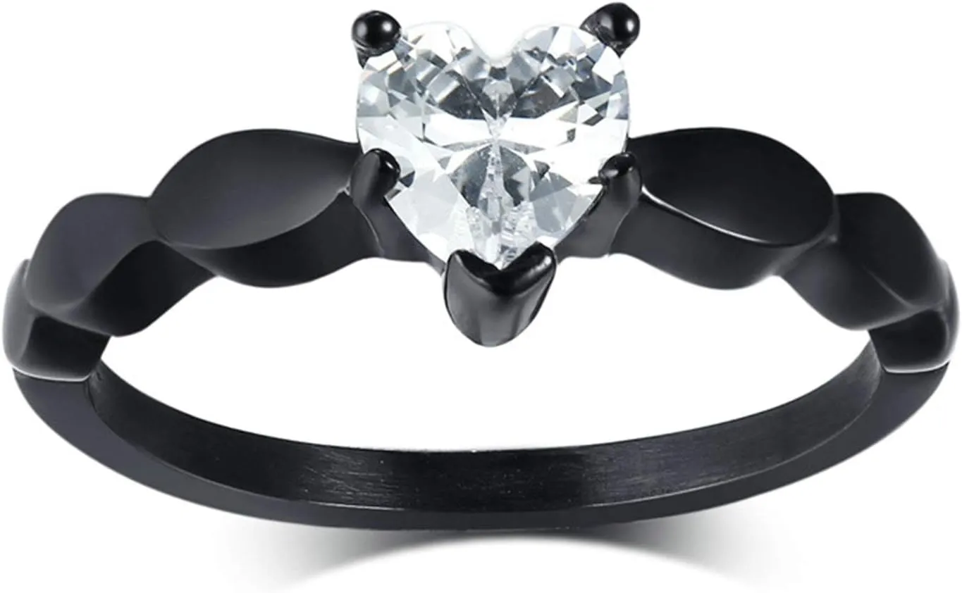 Gualiy Promise Rings for Couples Set Stainless Steel, Wedding Anniversary Rings for Couples Black Ring 6MM Heart Cubic Zirconia Rings Size 6-13
