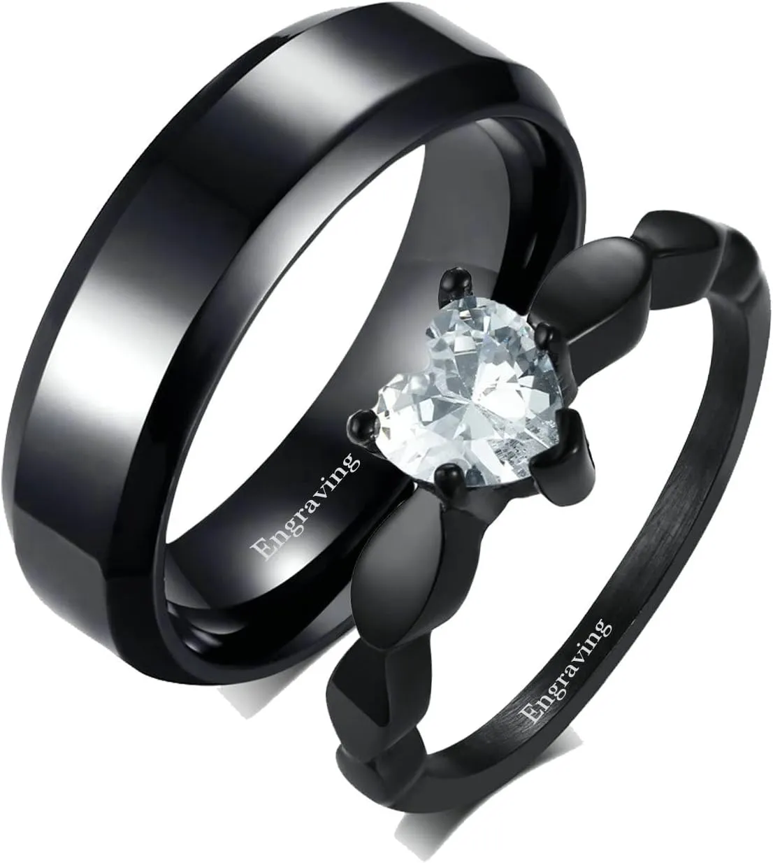 Gualiy Promise Rings for Couples Set Stainless Steel, Wedding Anniversary Rings for Couples Black Ring 6MM Heart Cubic Zirconia Rings Size 6-13