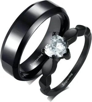 Gualiy Promise Rings for Couples Set Stainless Steel, Wedding Anniversary Rings for Couples Black Ring 6MM Heart Cubic Zirconia Rings Size 6-13