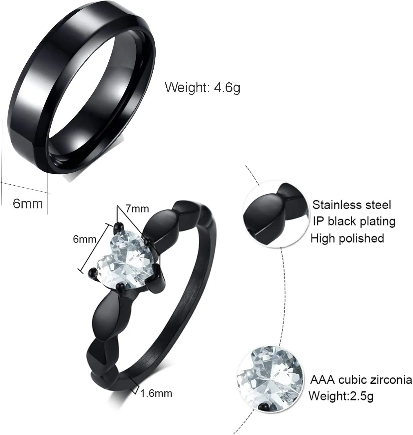 Gualiy Promise Rings for Couples Set Stainless Steel, Wedding Anniversary Rings for Couples Black Ring 6MM Heart Cubic Zirconia Rings Size 6-13