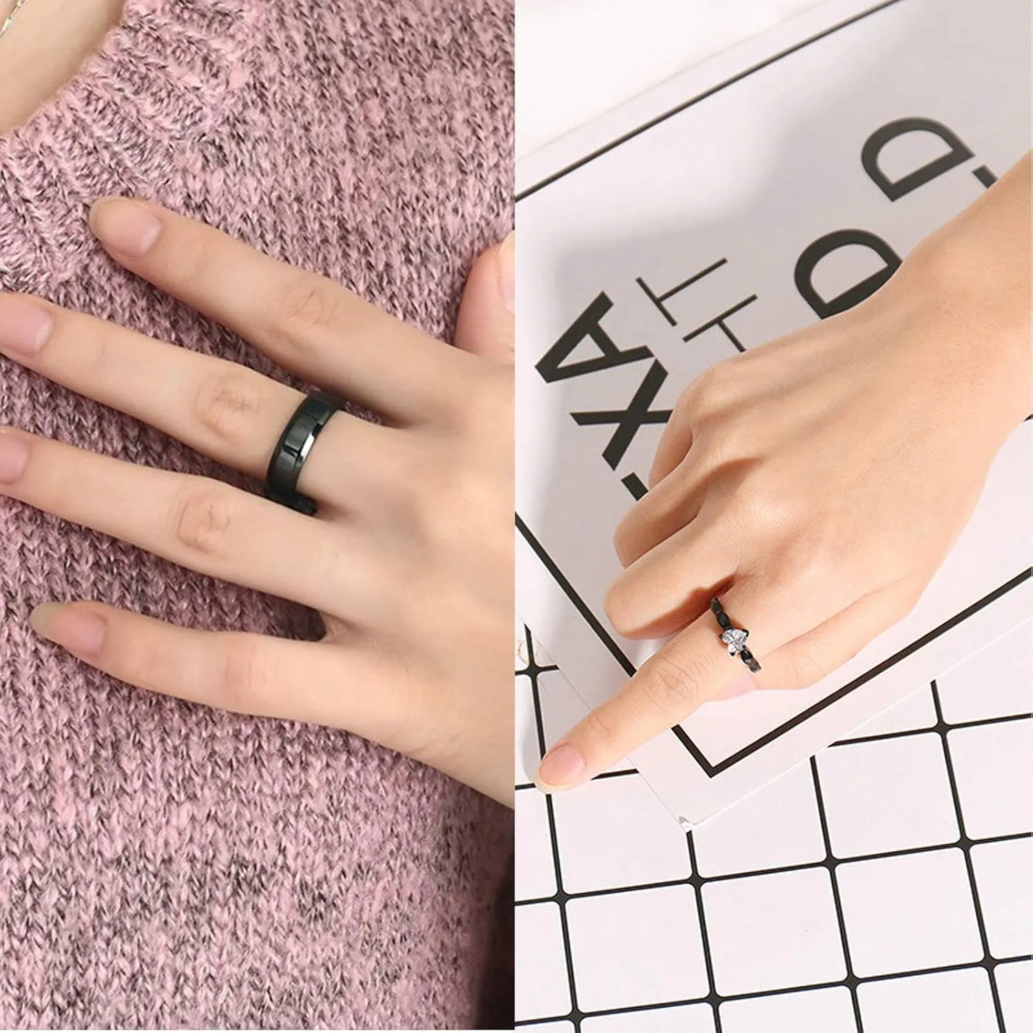 Gualiy Promise Rings for Couples Set Stainless Steel, Wedding Anniversary Rings for Couples Black Ring 6MM Heart Cubic Zirconia Rings Size 6-13