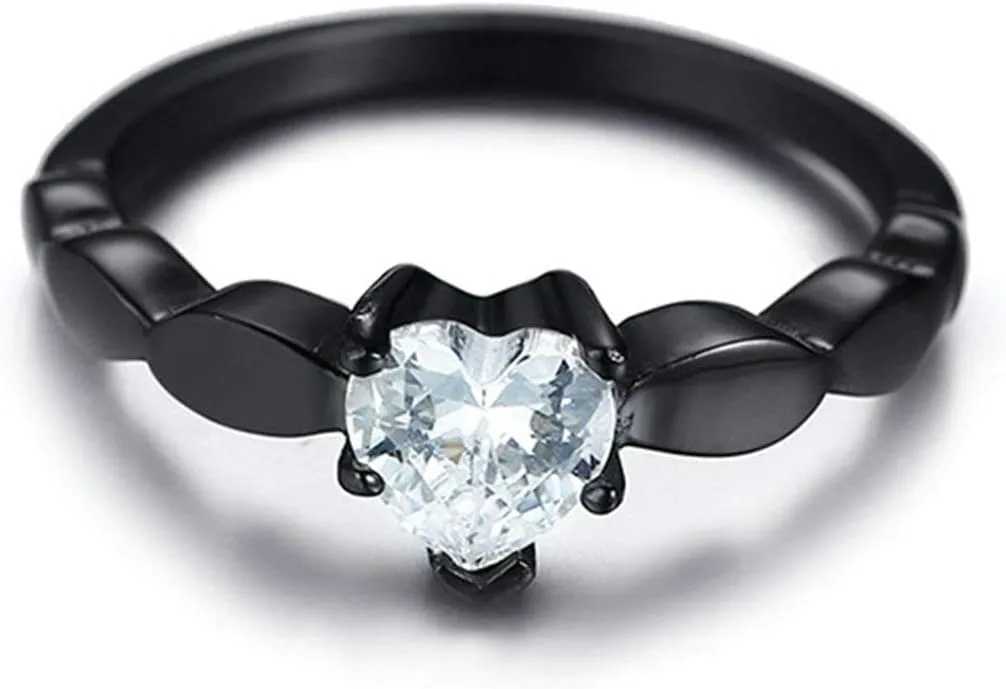 Gualiy Promise Rings for Couples Set Stainless Steel, Wedding Anniversary Rings for Couples Black Ring 6MM Heart Cubic Zirconia Rings Size 6-13