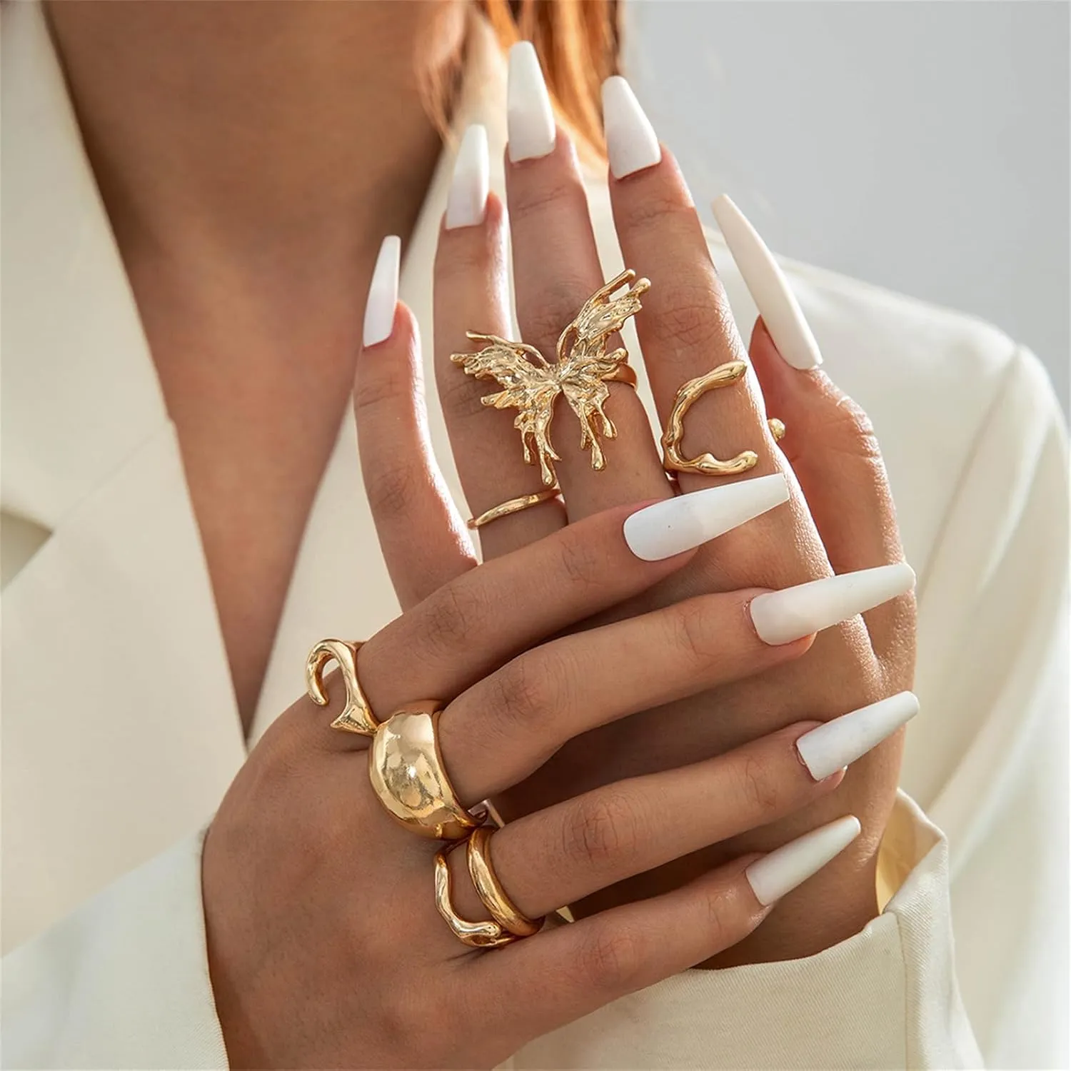 GYRMMUE Chunky Gold Ring Set,Vintage Geometry Knuckle Rings Exaggerated Irregularity Stacking Ring Boho Snake/Pearl/Flower/Bow Finger Midi Rin Statement Jewelry for Women
