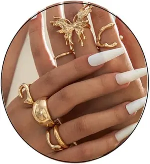 GYRMMUE Chunky Gold Ring Set,Vintage Geometry Knuckle Rings Exaggerated Irregularity Stacking Ring Boho Snake/Pearl/Flower/Bow Finger Midi Rin Statement Jewelry for Women