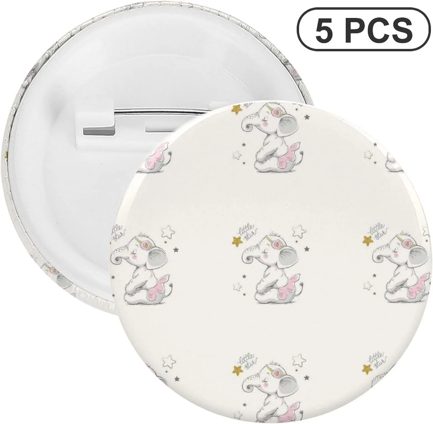 Hand Drawn Cute Cartoon Elephant Ballerina Girl Flower Star 5 PCs Round Tinplate Badge, Badge Lapel Tie Pin, Lightweight Button Badge for Women Men Office Worker Teacher Student Decor
