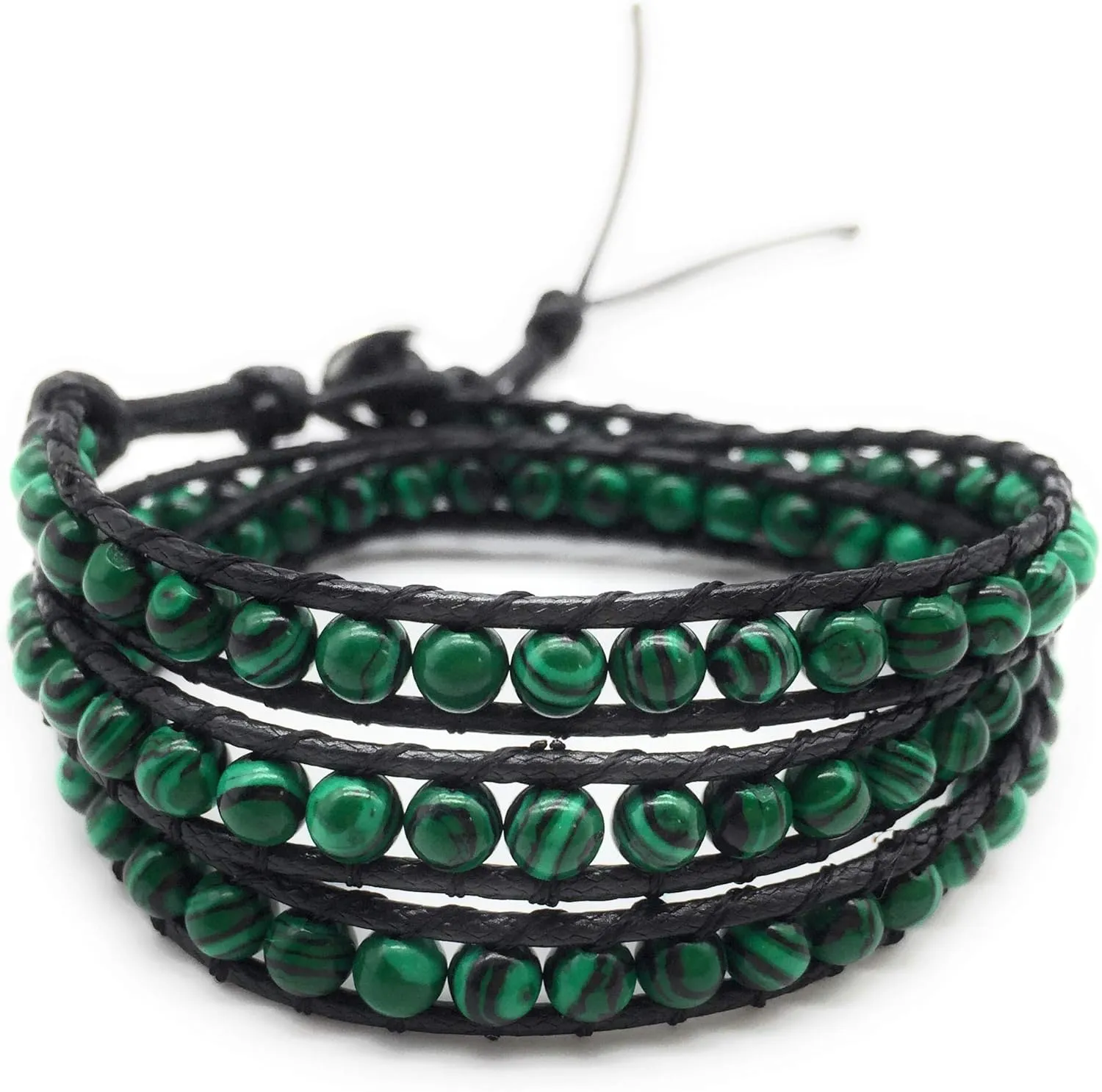 Handmade Alloy Leather Natural Stone Bead Statement Bracelet Bangle Cuff Rope 3 Wrap Adjustable Jewelry Collection