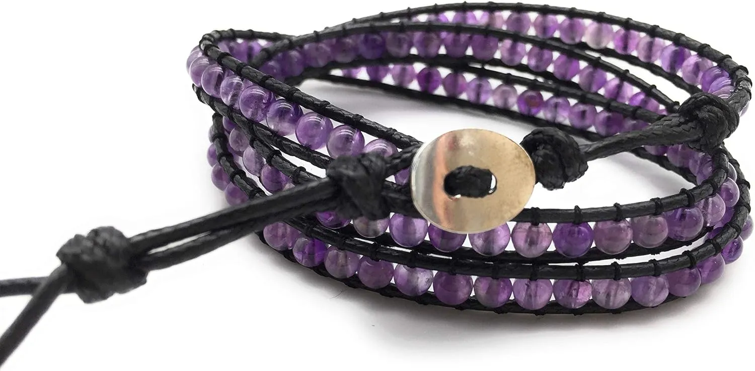 Handmade Alloy Leather Natural Stone Bead Statement Bracelet Bangle Cuff Rope 3 Wrap Adjustable Jewelry Collection