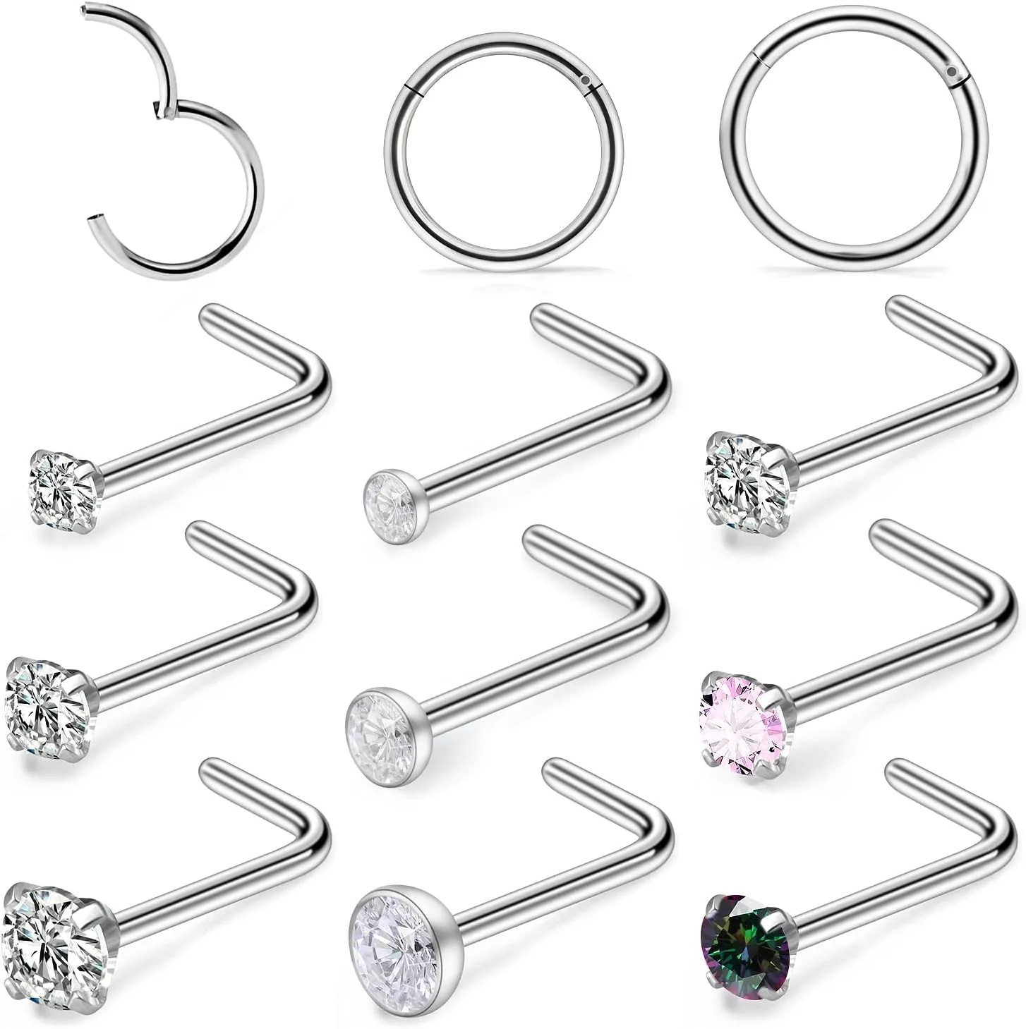 Hoeudjo Nose Rings Surgical Steel Nose Piercings Hinged Clicker Segment Nose Rings Hoops for Women Hypoallergenic L Shaped Nose Studs 20g 18g