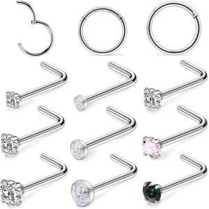 Hoeudjo Nose Rings Surgical Steel Nose Piercings Hinged Clicker Segment Nose Rings Hoops for Women Hypoallergenic L Shaped Nose Studs 20g 18g