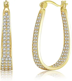 Hoop Earing for Women, 18K Gold Plated Micro Set Colored CZ Horseshoe Chunky Earrings Huggie Stud Jewelry (White)