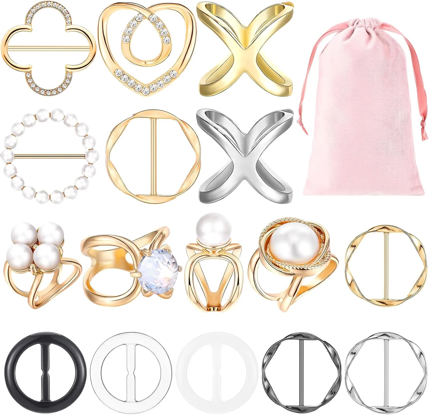 Hoteam 16 Pcs Scarf Ring Clip Tshirt Tie Clips for Women Fashion Metal Round Circle Buckle Clothing Ring Wrap Holder with 1 Storage Bag