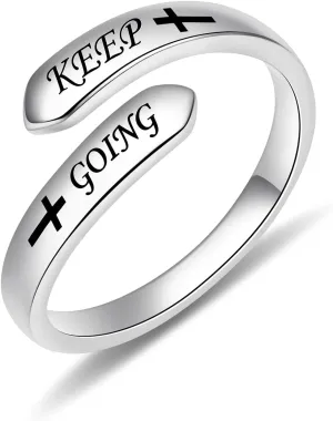 Inspirational Ring 925 Sterling Sliver Keep Going Faith Cross Engraved Adjustable Rings for Teens Daughter Women Encouragement Gift