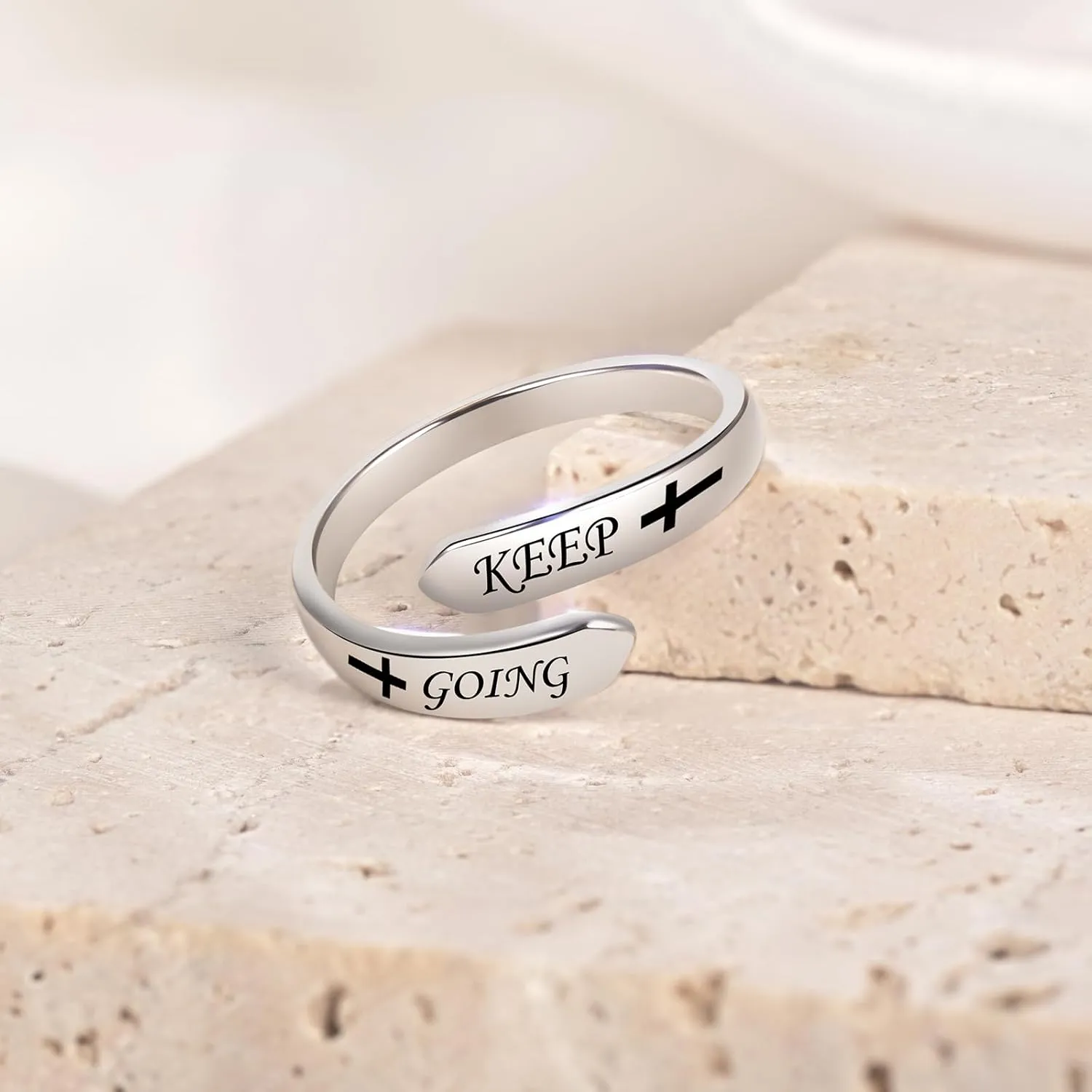 Inspirational Ring 925 Sterling Sliver Keep Going Faith Cross Engraved Adjustable Rings for Teens Daughter Women Encouragement Gift