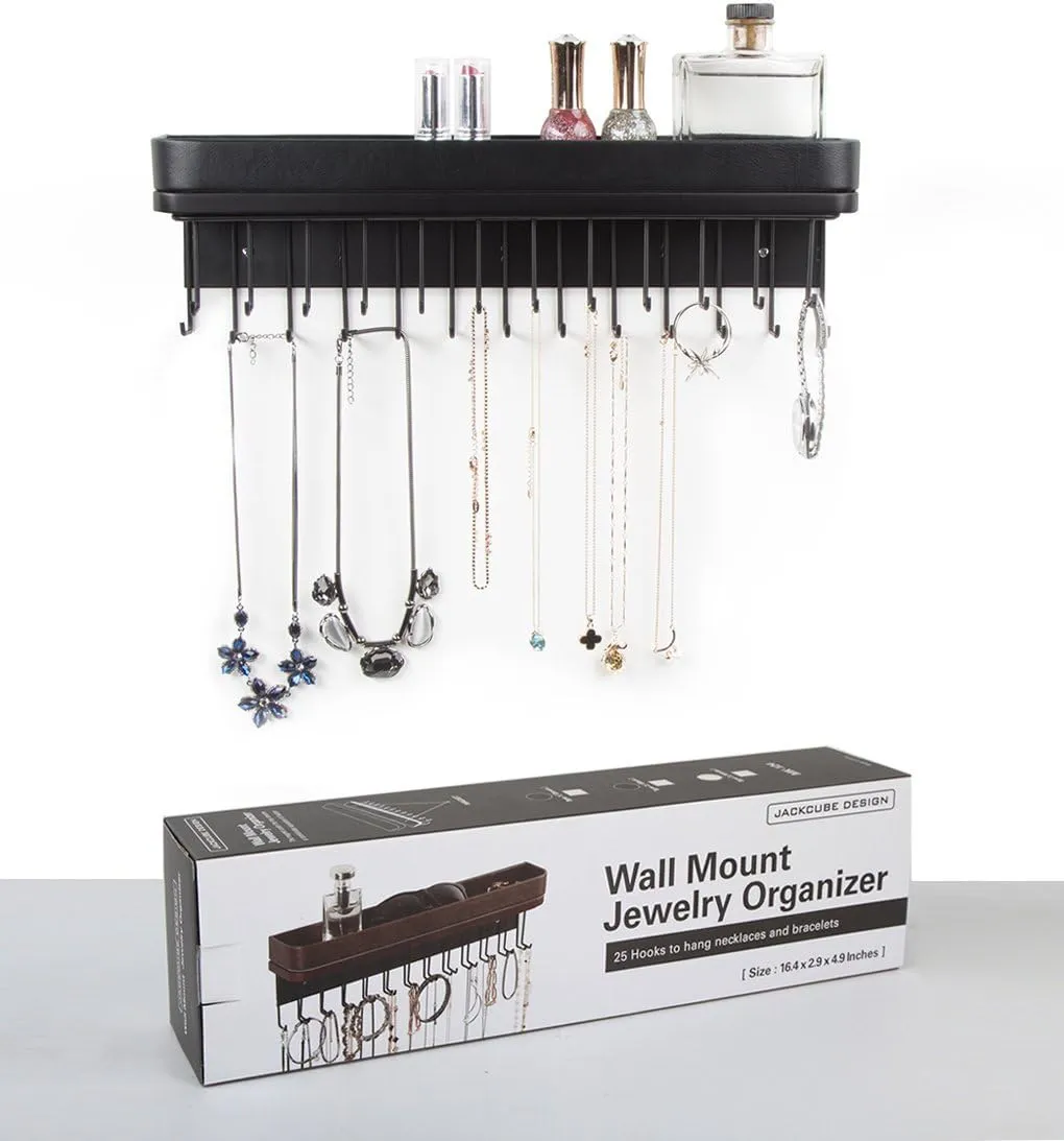 J JACKCUBE DESIGN Necklace Holder Wall Mounted Jewelry Organizer for Bracelet, Earrings and Rings with 25 Hooks - Gothic Room Decor Bedroom Shelf Rack (Black) - MK124B