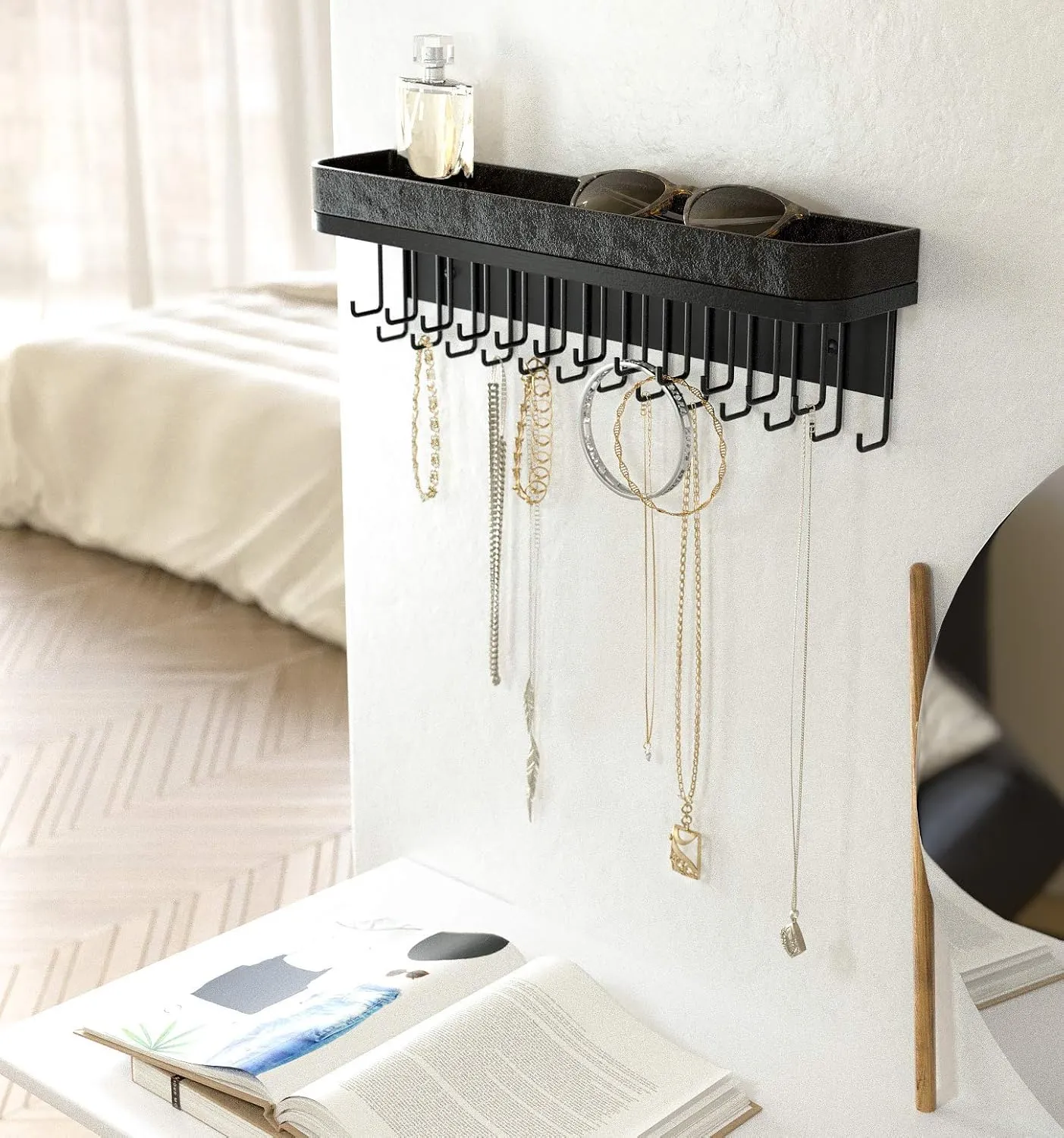 J JACKCUBE DESIGN Necklace Holder Wall Mounted Jewelry Organizer for Bracelet, Earrings and Rings with 25 Hooks - Gothic Room Decor Bedroom Shelf Rack (Black) - MK124B