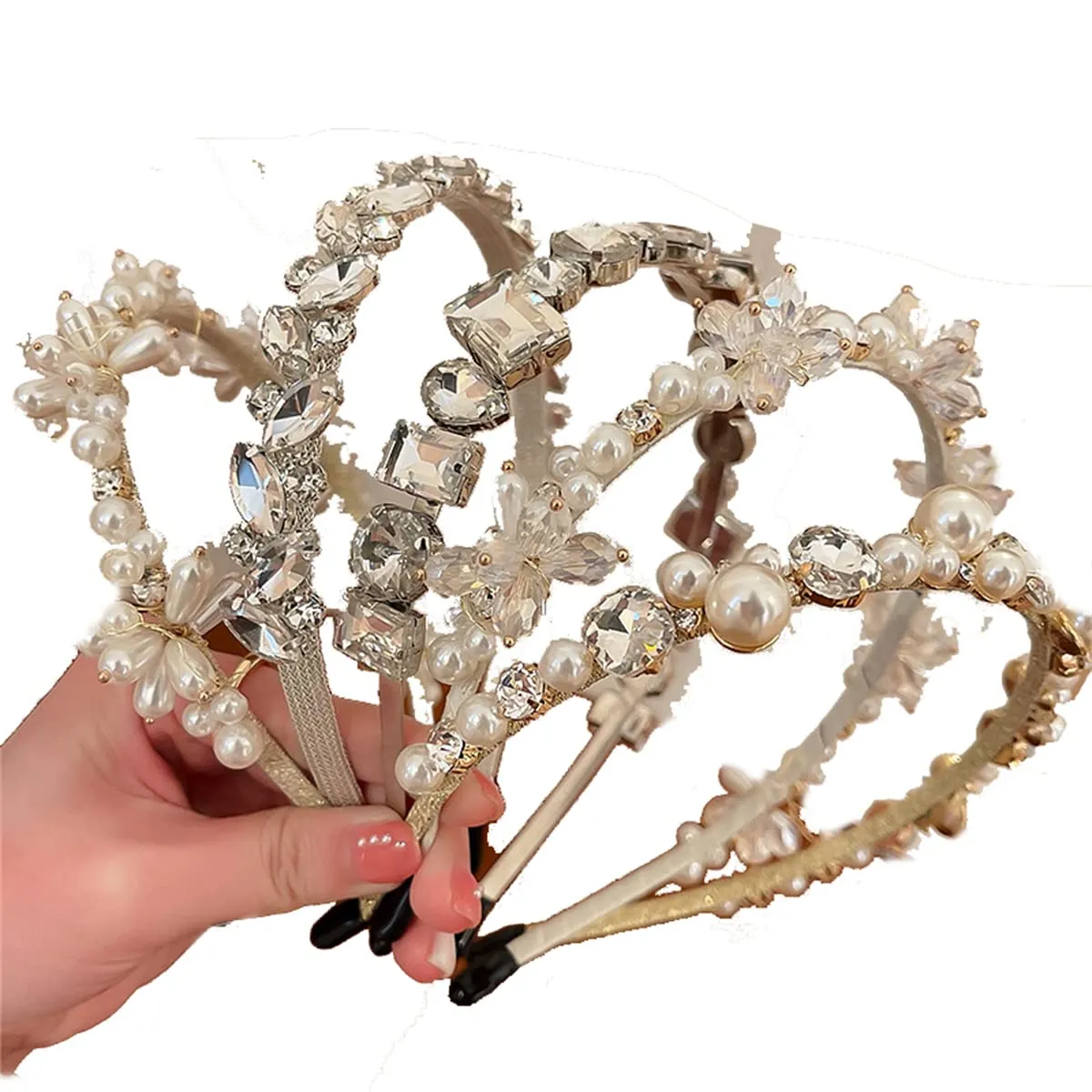 JILIYUPA Pearls Trendy Headbands, White Artificial Pearl Rhinestones Hairbands Bridal Hair Hoop Party Wedding Hair Accessories for Women Girls (5Pcs-PearlA)
