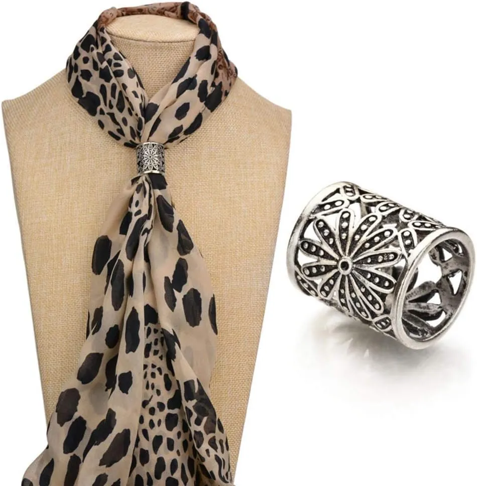 Joyci 3pcs Retro Women's Scarf Ring Clip Slide in Gold Silver Tone Metal Antiqued Hollow Tube Chiffon Buckle
