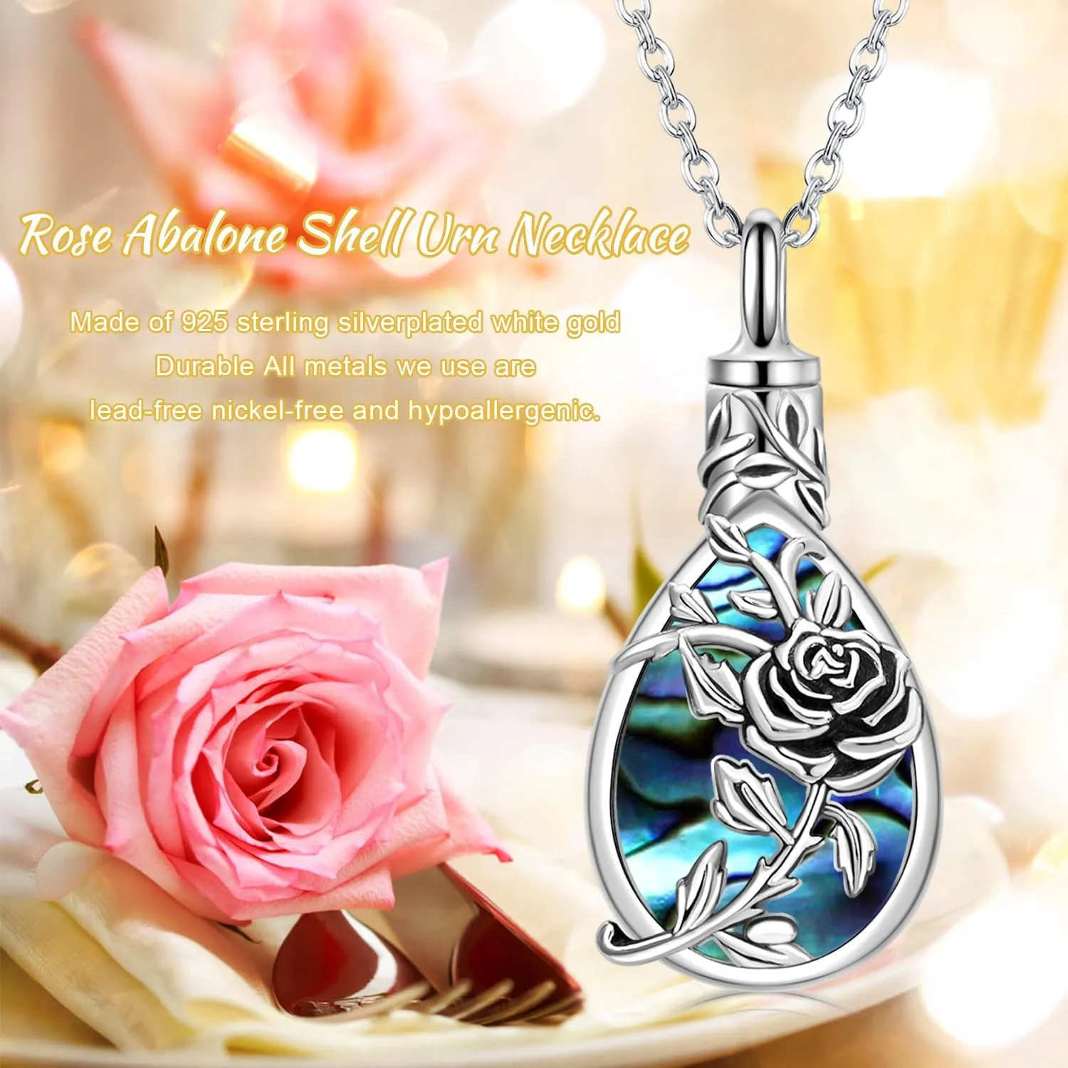 JUSTKIDSTOY Moonstone Urn Necklace for Ashes Sterling Silver Daisy/Rose/Tree Teardrop Pendant Necklace Cremation Jewelry Keepsake Memorial Gifts for Mother Grandma w/Funnel Filler
