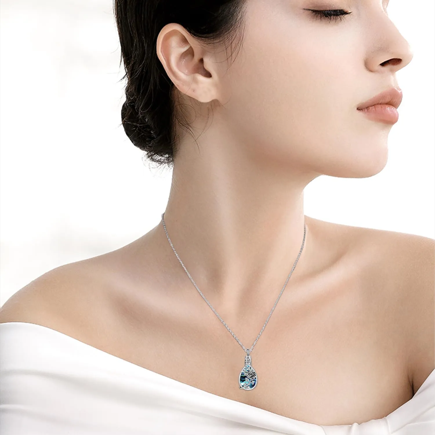 JUSTKIDSTOY Moonstone Urn Necklace for Ashes Sterling Silver Daisy/Rose/Tree Teardrop Pendant Necklace Cremation Jewelry Keepsake Memorial Gifts for Mother Grandma w/Funnel Filler