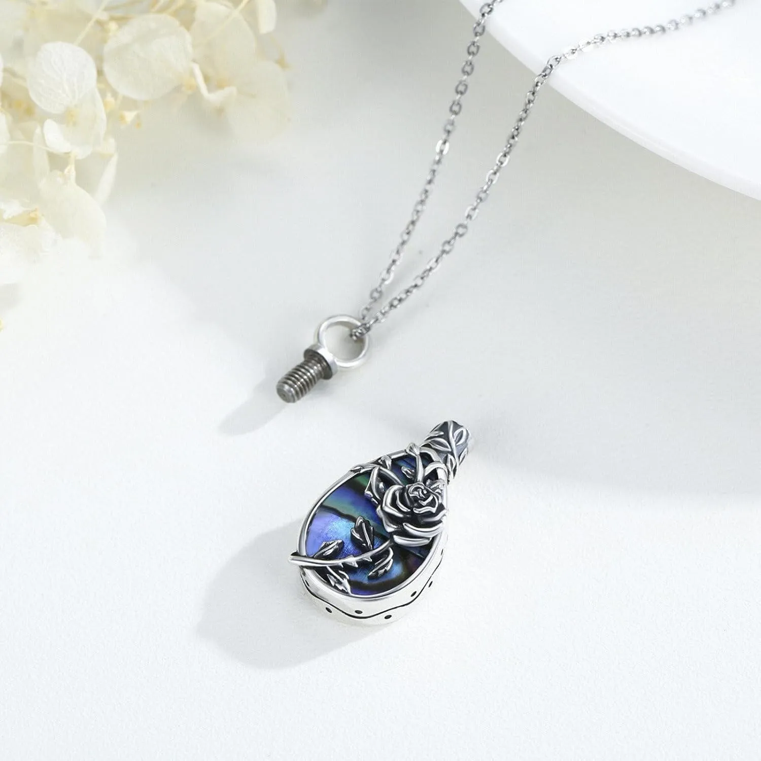 JUSTKIDSTOY Moonstone Urn Necklace for Ashes Sterling Silver Daisy/Rose/Tree Teardrop Pendant Necklace Cremation Jewelry Keepsake Memorial Gifts for Mother Grandma w/Funnel Filler