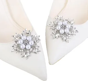 JWICOS 2Pcs Fashion Rhinestone Pearl Flower Shoe Clips Crystal Snowflake Shoe Buckles Decorative Shoe Charms Jewelry for Women Heels Flats (Style 3)