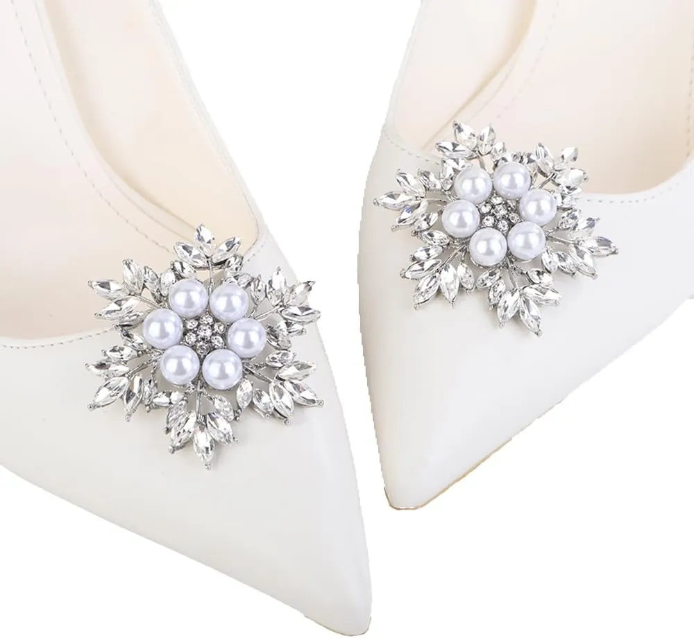 JWICOS 2Pcs Fashion Rhinestone Pearl Flower Shoe Clips Crystal Snowflake Shoe Buckles Decorative Shoe Charms Jewelry for Women Heels Flats (Style 3)