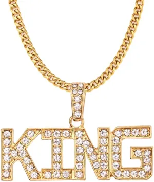 King Sign Necklace Hip Hop King Pendant Necklace Rhinestone Gold Chain Necklace for Men Women