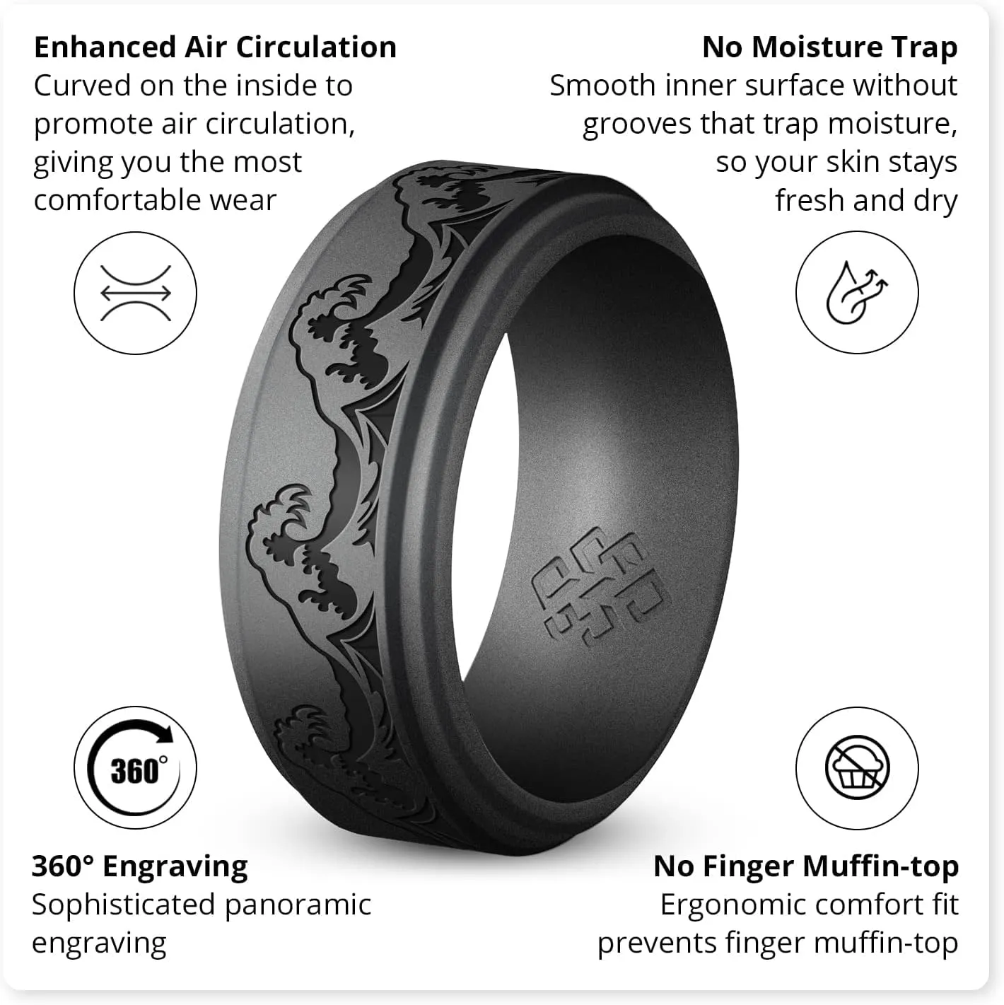 Knot Theory Silicone Ring for Men  Mountain, Waves, Forest Engraving - 8mm Bandwidth Breathable Comfort Fit