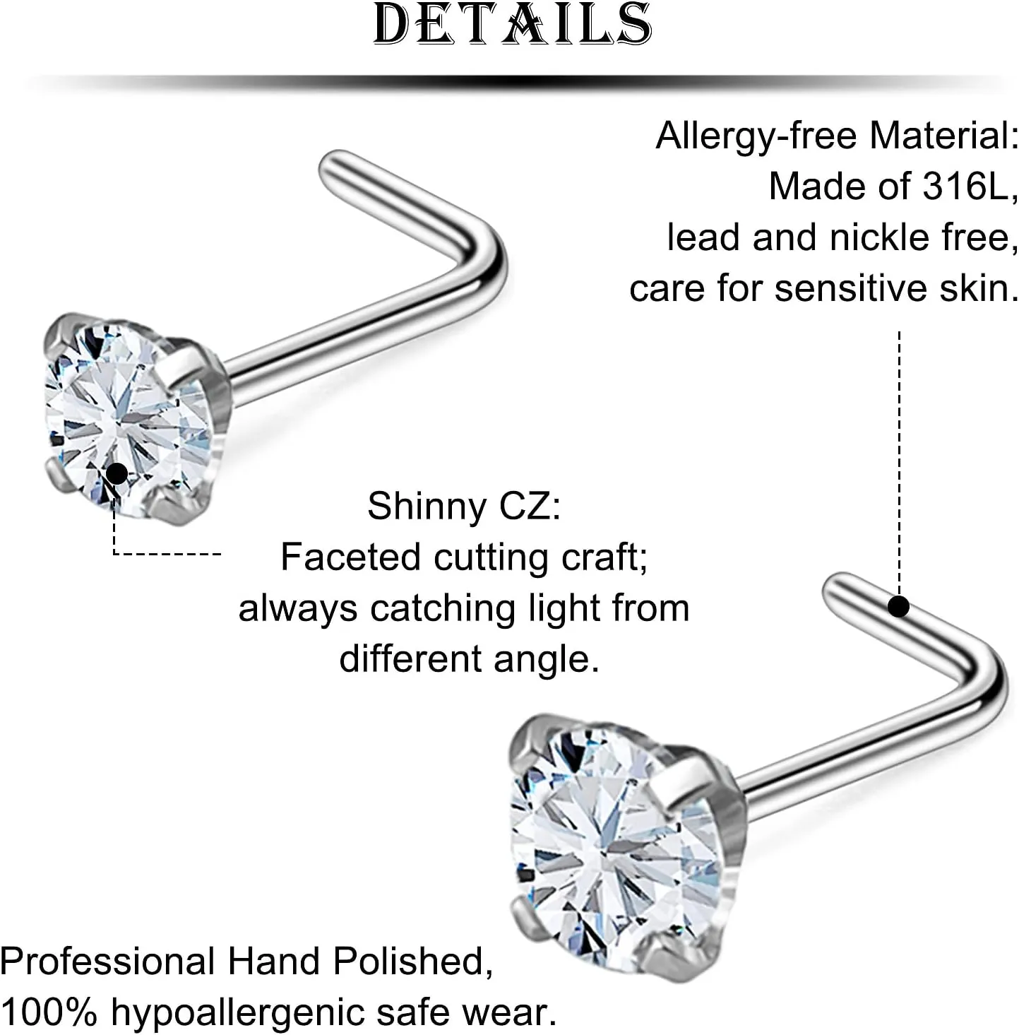 Kridzisw 18G 20G 22G Nose Rings Studs Stainless Steel Cubic Zirconia Nose Nostril Piercing Jewelry for Women Men CZ Size 1.5mm 2mm 2.5mm 3mm 3.5mm 4mm 24Pcs